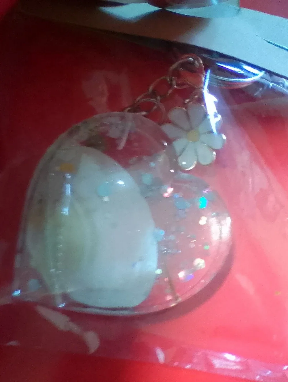 Handmade Clear Heart Resin Keychain with Daisy Charm